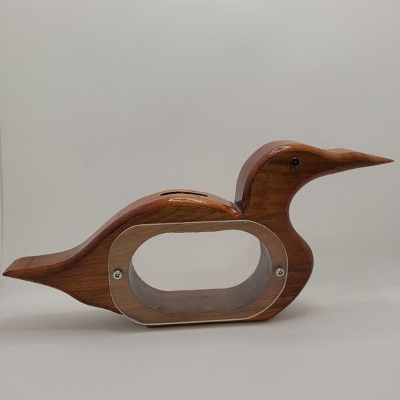Wooden Carved Loon Coin Bank  Vintage Handmade w/ Acrylic Windows - Picture 5 of 9